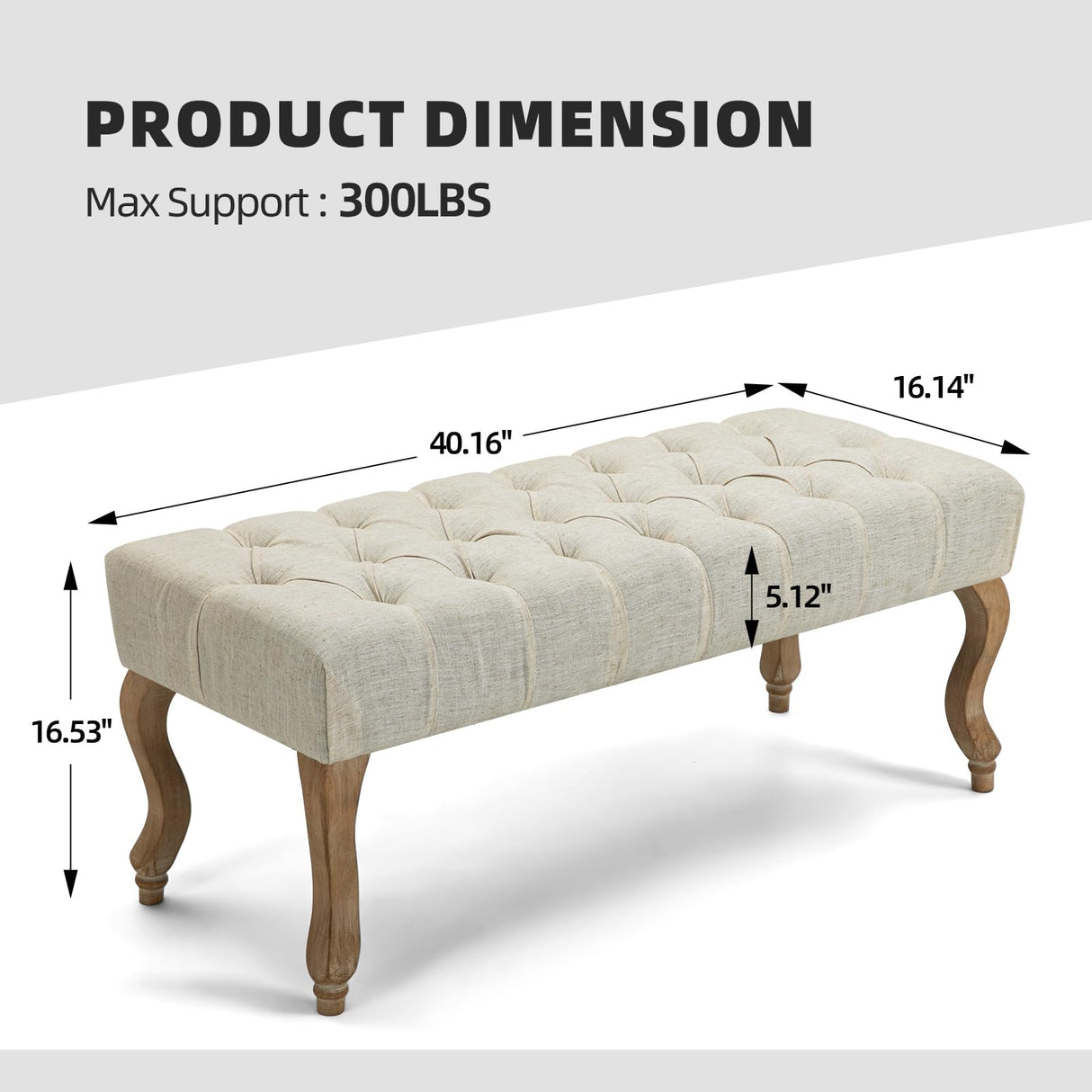 ECOTOUGE French Vintage Button-Tufted Upholstered Entryway Bench, Linen Fabric Accent Bench with Distressed Wood Legs for Living Room, Foyer, Dining Room, Beige ECOTOUGE