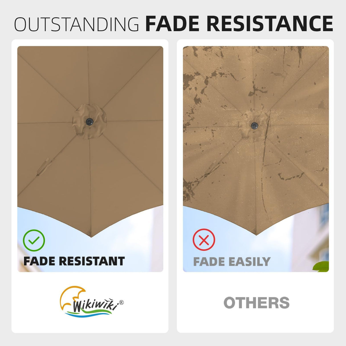 wikiwiki 7.5 FT Patio Umbrellas Outdoor Table Market Umbrella with Push Button Tilt/Crank, 6 Sturdy Ribs, Fade Resistant Waterproof POLYESTER DTY Canopy for Garden, Lawn, Deck, Backyard & Pool, Tan wikiwiki