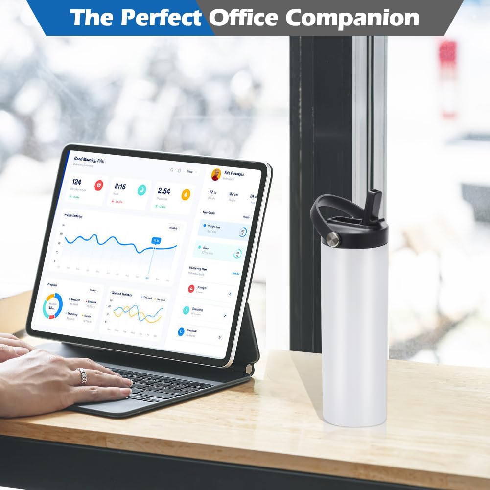 12 Pack Sublimation Tumblers Flat Edge Blanks Skinny Straight 20 oz, Stainless Steel Double Wall Insulated Sublimation Water Bottles with Portable Handle & Straw Lids for Heat Transfer, White YOUKE OLA