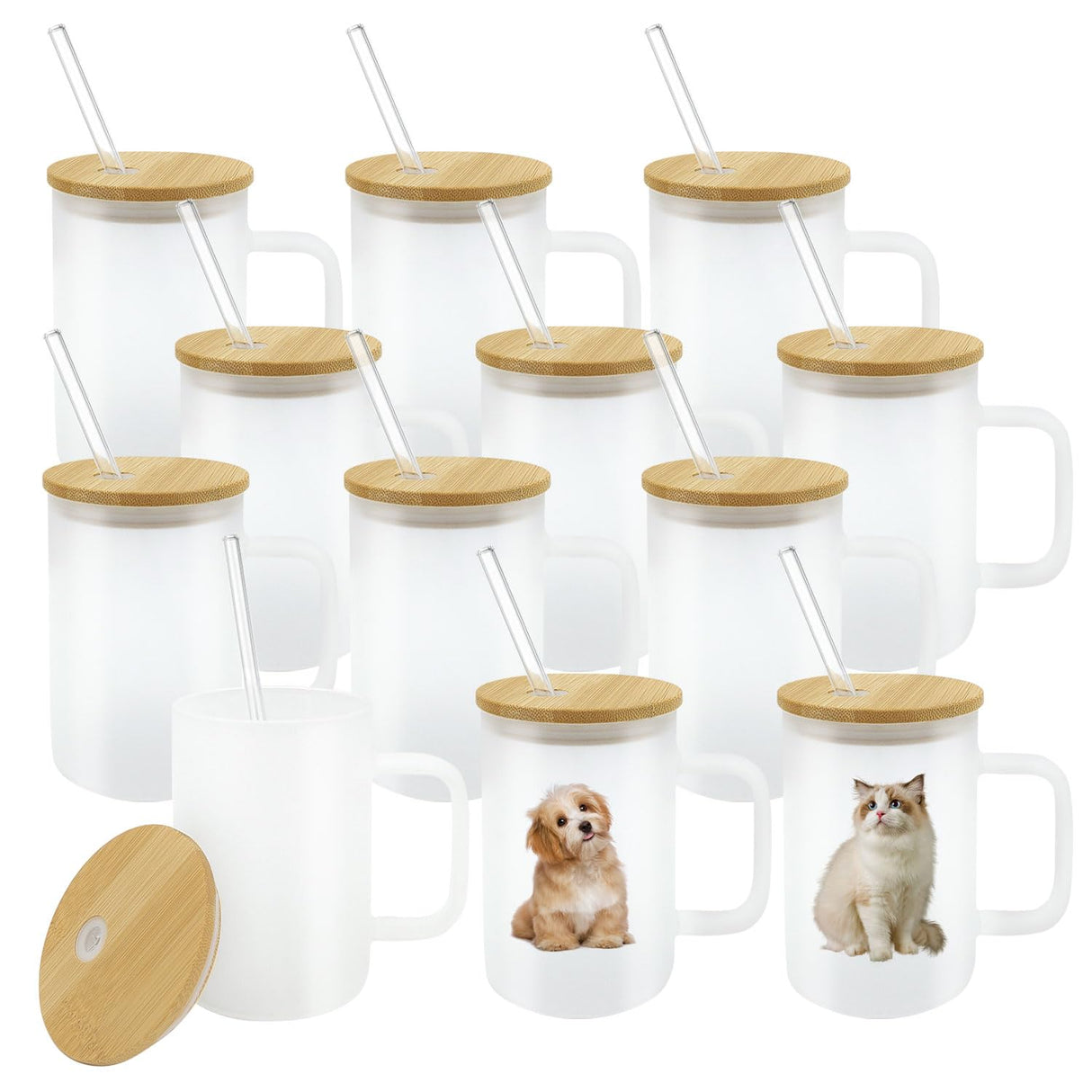 YOUKE OLA 12 Pack Sublimation Glass Cup with Handle Frosted Sublimation Blank Beer Can Tumblers with Bamboo Lid and Straw for heat press 16oz YOUKE OLA