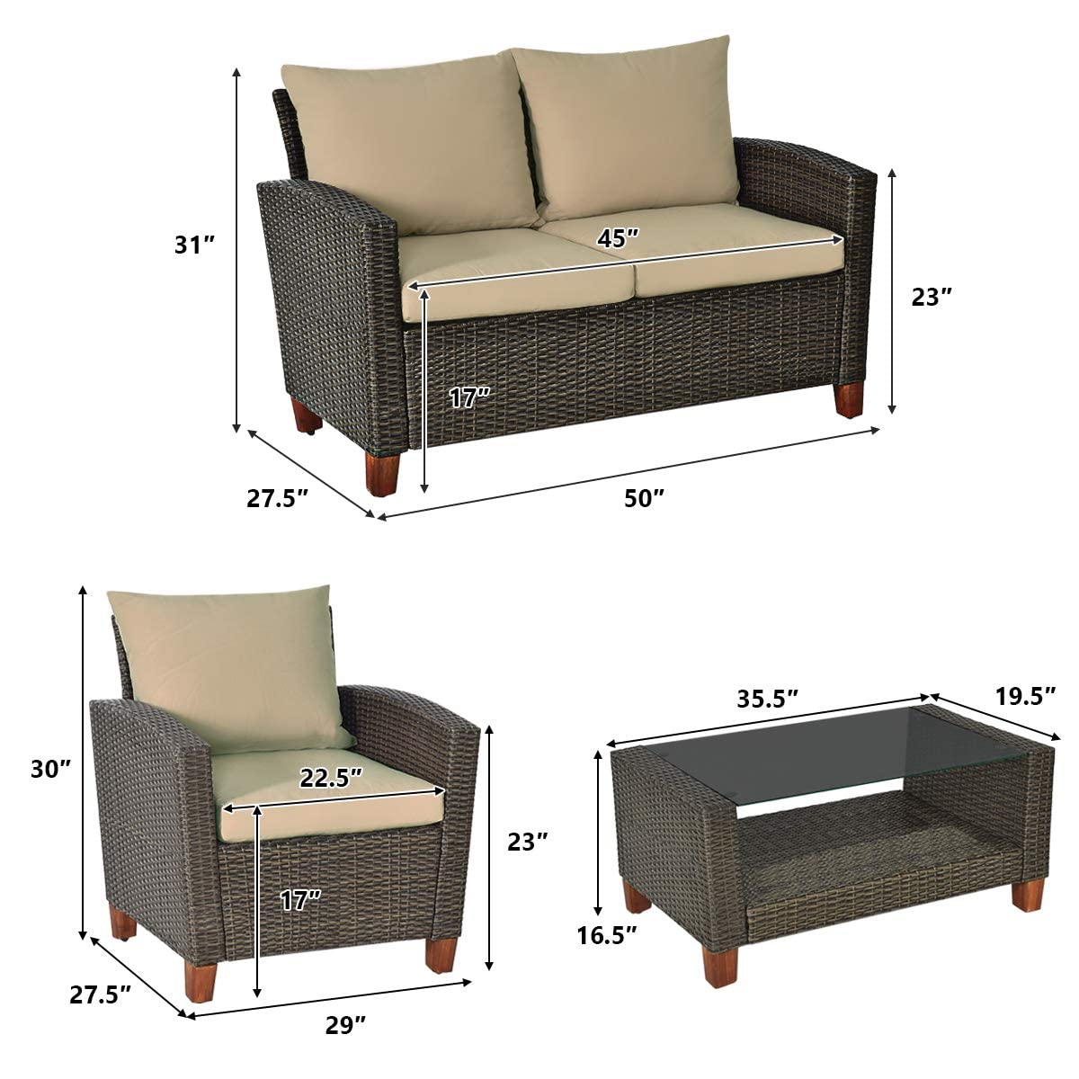 HAPPYGRILL 4 Pieces Patio Conversation Set Outdoor Rattan Wicker Furniture Set Sectional Wicker Sofa Chair & Coffee Table Set for Porch Poolside Backyard HAPPYGRILL