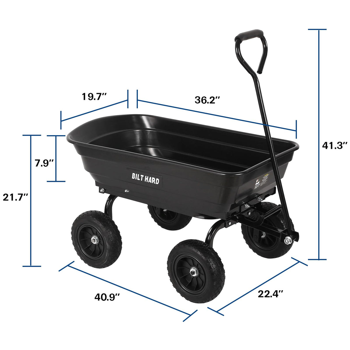 BILT HARD 4 Cu.Ft. 10" No-Flat Tires Poly Yard Dump Cart with 180° Rotating Handle, 600 lbs Capacity Heavy Duty Garden Carts and Wagons BILT HARD