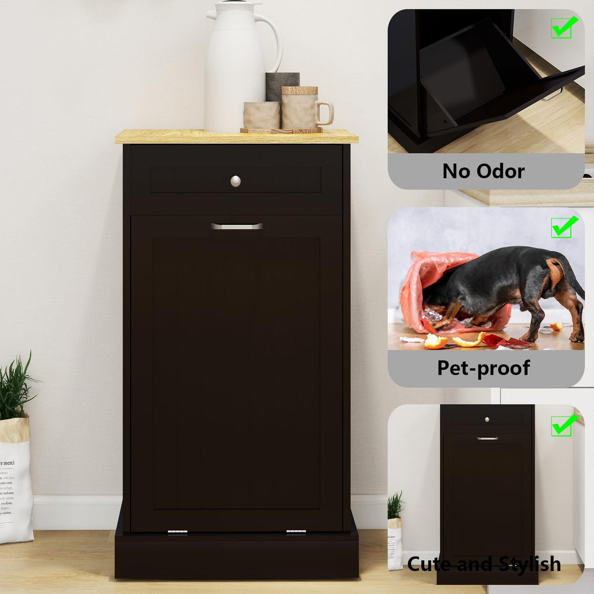 Bocarali Tilt Out Trash Cabinet, 10 Gallon Freestanding Wooden Kitchen Trash Recycling Sorter Cabinet with 2 Drawer, Tilt Out Trash Can Bin Garbage Laundry Cabinet for Living Room, Black Bocarali