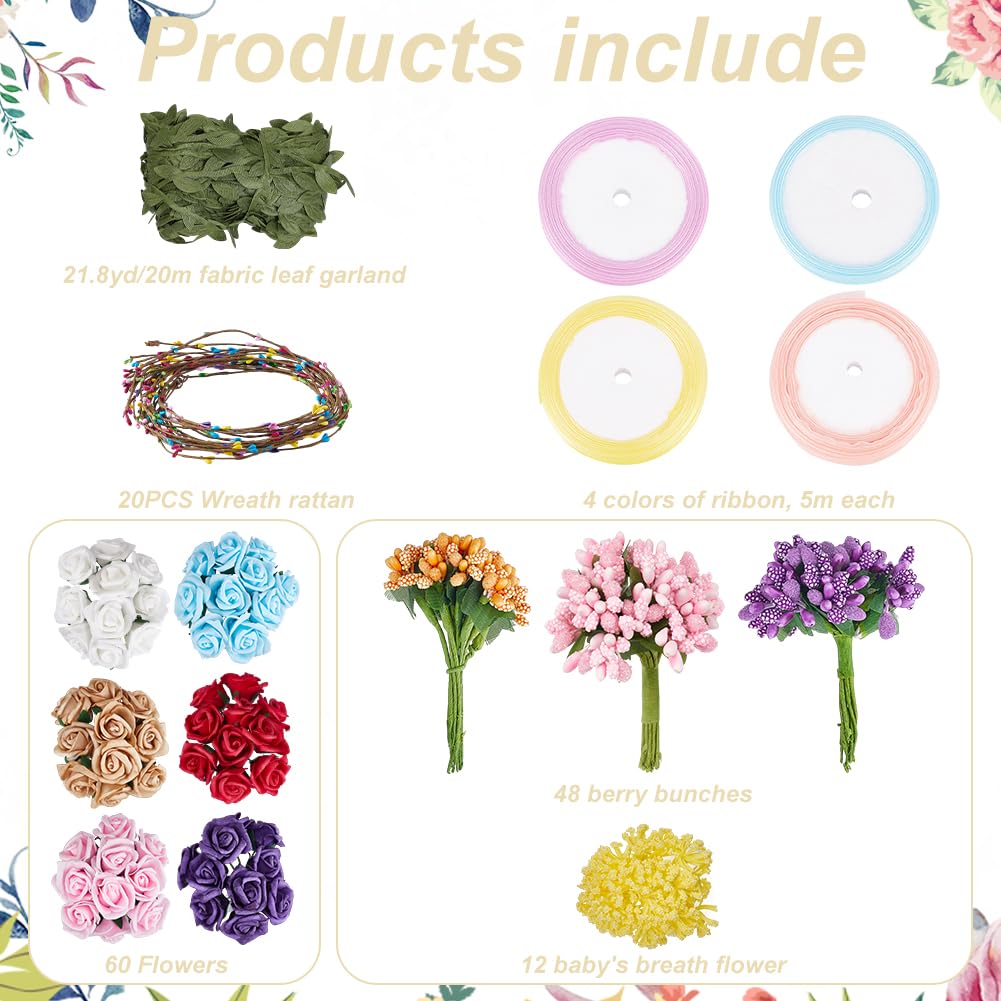 ORIGACH 20 Set DIY Flower Crown Kit Roses Flower Garland Making Kit Floral Crown Craft Supplies Handmade Floral Hair Accessories for Wedding Birthday Party DIY Arts and Crafts ORIGACH