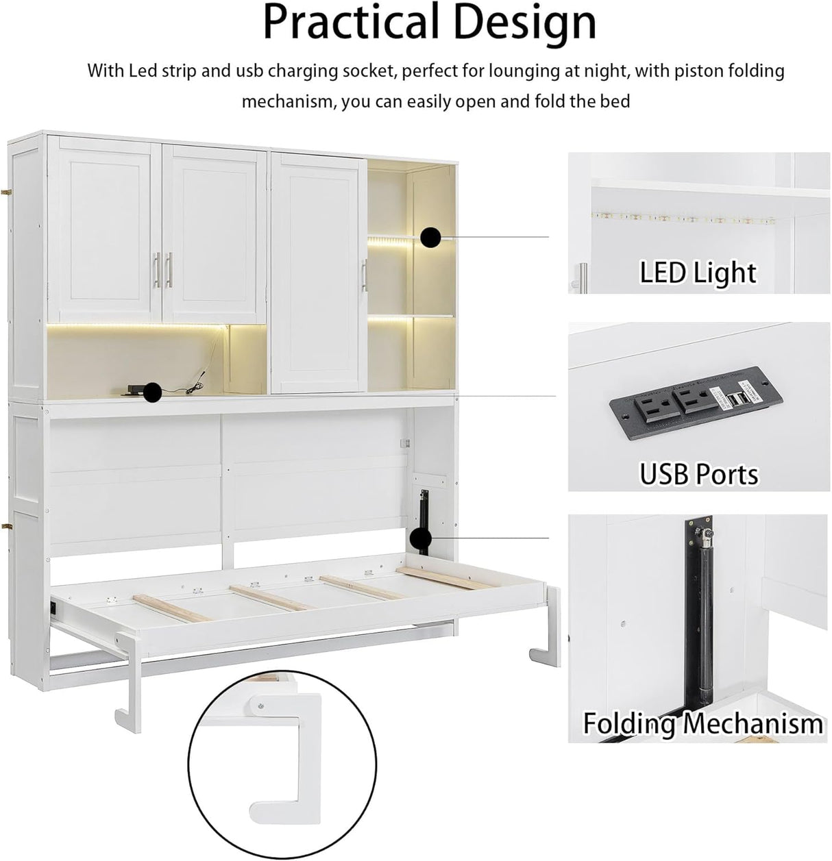 Twin Horizontal Murphy Bed with Storage Cabinet, LED Light and Charging Station,Wood Folding Murphy Wall Bed Cabinet with Bookcase and Shelves for Adult (White) MERITLINE