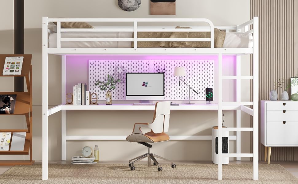 Harper & Bright Designs Queen Loft Bed with Desk, Metal Loft Bed with LED Lighted and Power Outlet, Queen Size Loft Beds with Desk for Teens, Adults, Kids, Noise Reduced Structure,White Harper & Bright Designs