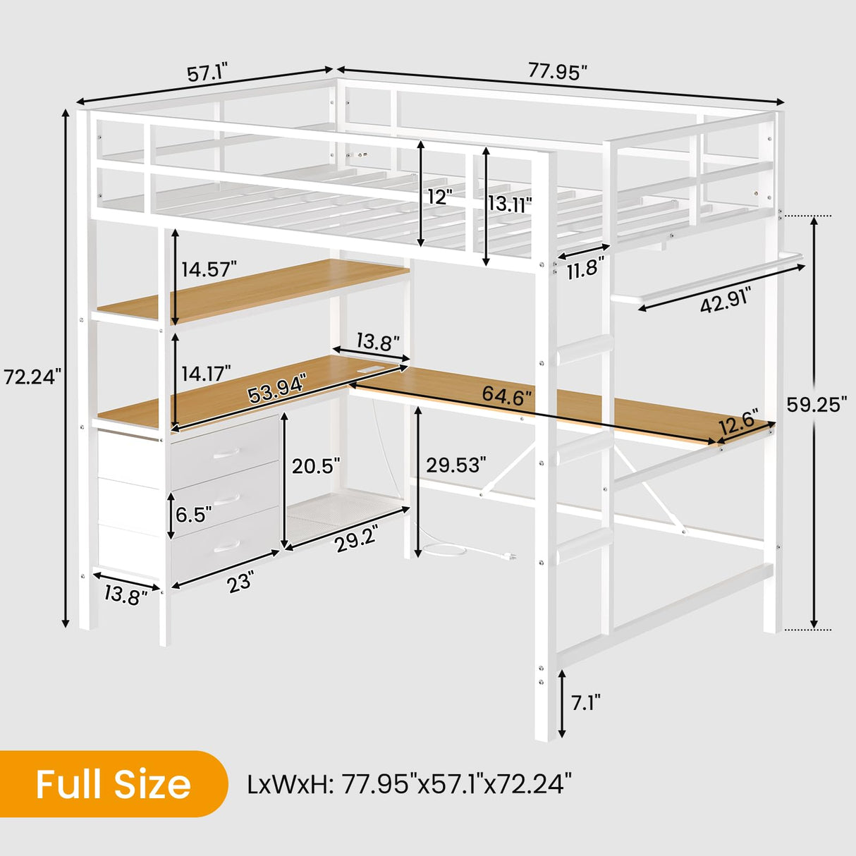 DICTAC Full Size Loft Bed with L-Shaped Desk, LED Lights and Charging Station Full Metal Loft Bed Frame with 3 Storage Shelves & 3 Fabric Drawers,Loft Beds with Top Bunk -Safety Guard & Ladder,White DICTAC