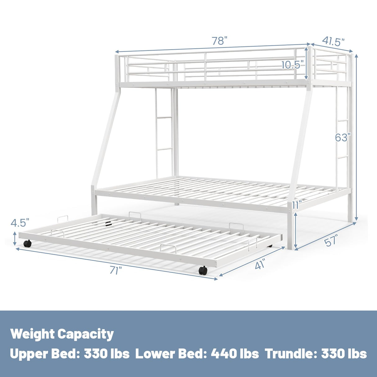 KOMFOTT Twin Over Full Bunk Bed with Trundle, Heavy-Duty Metal Bunk Bed Frame with Guardrail & 2 Ladders, Space-Saving Bunk Bed for Kids/Teens/Adults, No Box Spring Needed KOMFOTT