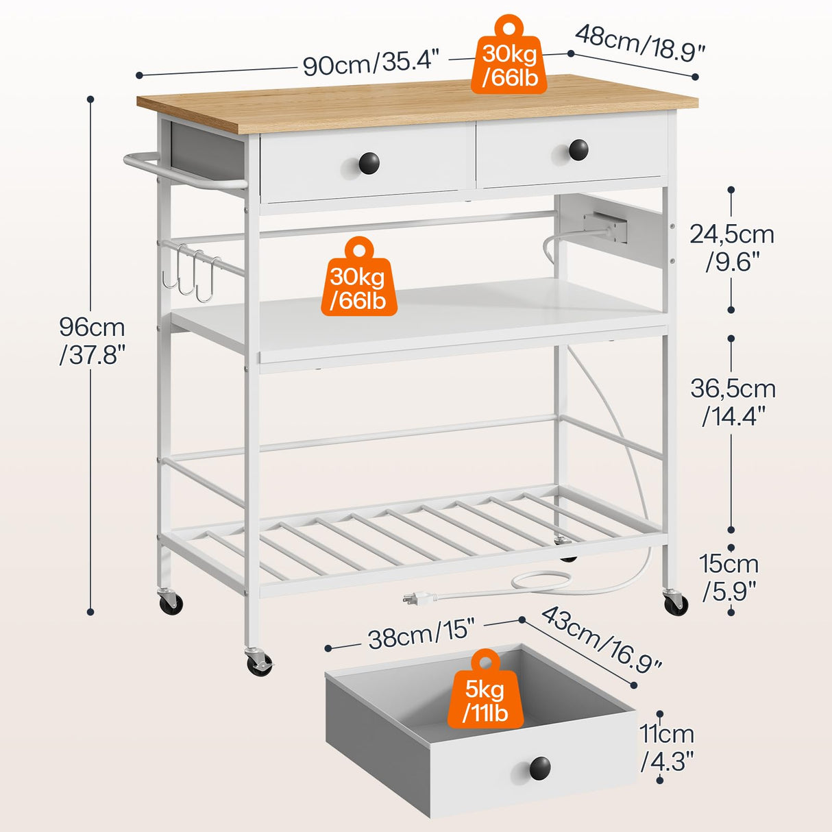 HOOBRO Kitchen Island with Storage, Rolling Island Cart for Kitchen with 2 Drawers & Outlet, 3 Tier Coffee Station and Microwave Stand, Kitchen Island Table for Home, Natural and White WN08UZD01 HOOBRO