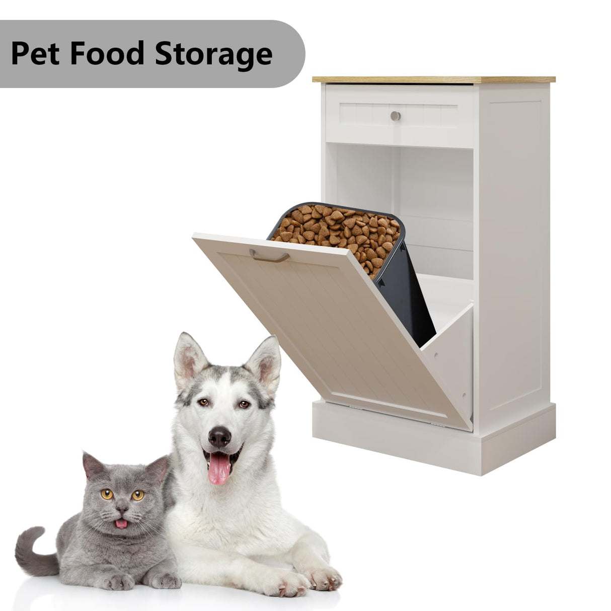 Bocarali Tilt Out Trash Cabinet, 10 Gallon Freestanding Wooden Kitchen Trash Recycling Sorter Cabinet with 2 Drawer, Tilt Out Trash Can Bin Garbage Laundry Cabinet for Living Room, White Bocarali