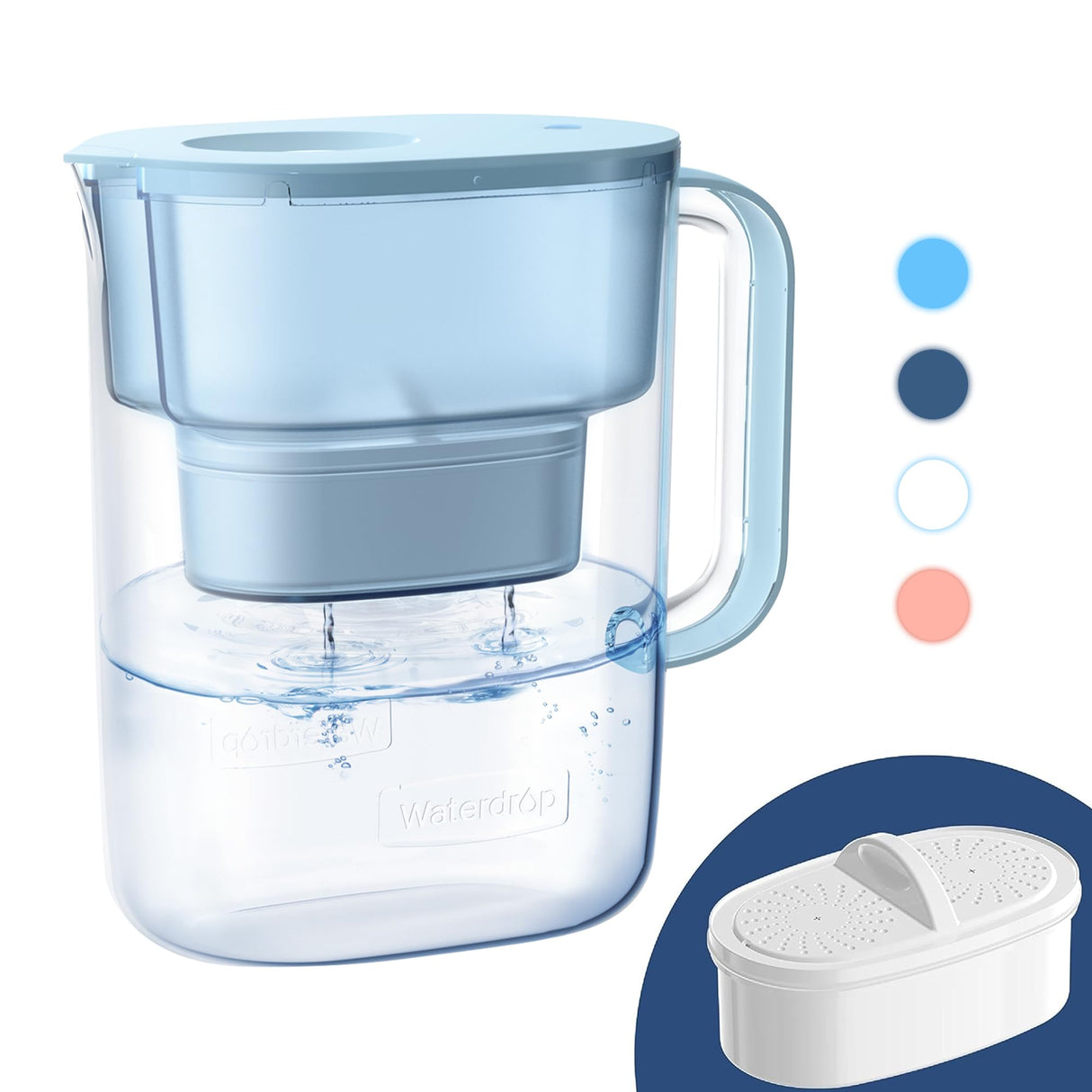 Waterdrop Water Filter Pitcher with 1 Filter, 200-Gallon Long-Life, 10-Cup Large Water Filter Pitcher, NSF Certified, 5X Times Lifetime, Reduces PFOA/PFOS, Chlorine, Blue Waterdrop