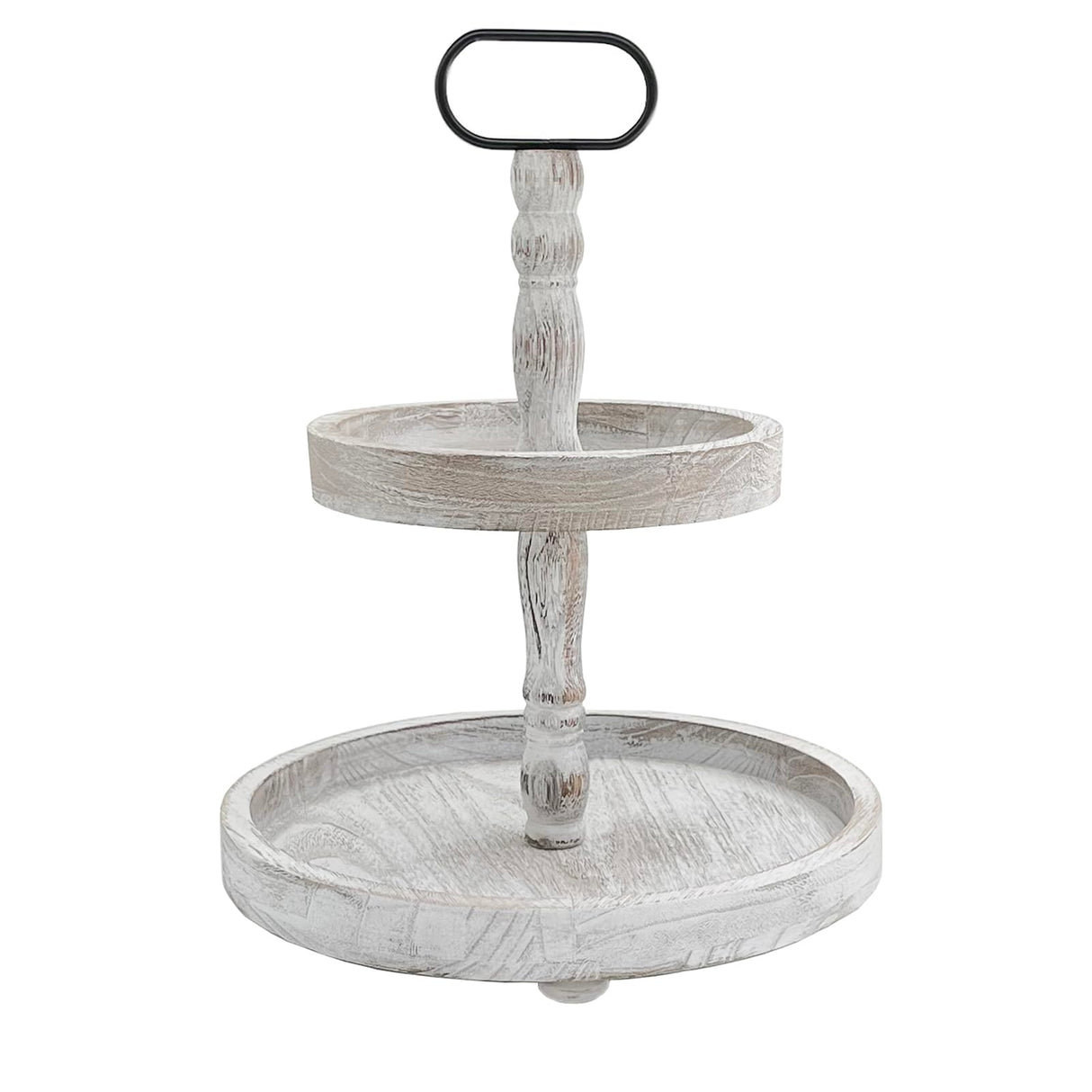 Ouosawa Farmhouse 2 Tiered Tray Stand for Home Decor, Wooden Serving Tiered Tray for Coffee Bar Table Centerpiece, Decorative Trays Kit for Countryside, Round Rustic Stand for Cake Cupcake(White) ouosawa