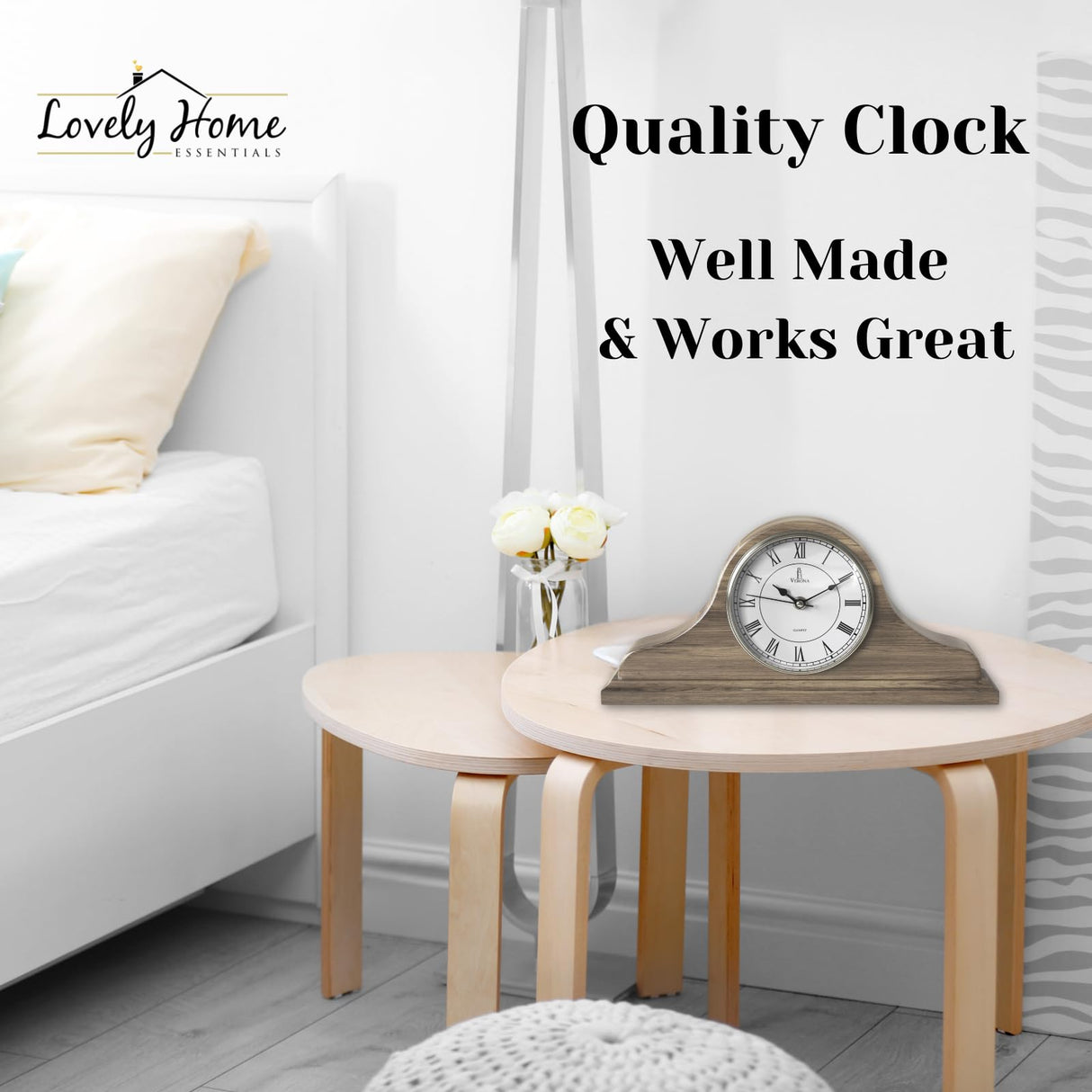 Mantel Clock Battery Operated - Grey Ash Wooden Farmhouse Mantle Clock for Living Room Decor Above Fireplace, Office, Shelf & Home Décor Gift 15x7.5 - Silent Wood Mantel Clock for Living Room Table Lovely Home Essentials