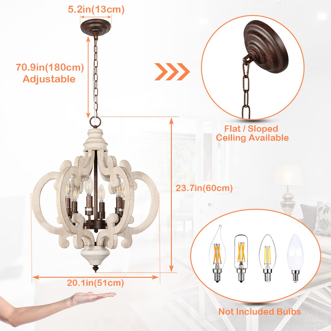 HMVPL Famrhouse Chandeliers for Bedrooms,6-Lights Dining Room Light Fixtures Over Table,Farmhouse Wooden Pendant Light with Candle Sockets,Retro Chandelier for Living Room Kitchen Foyer Island(20.1") HMVPL
