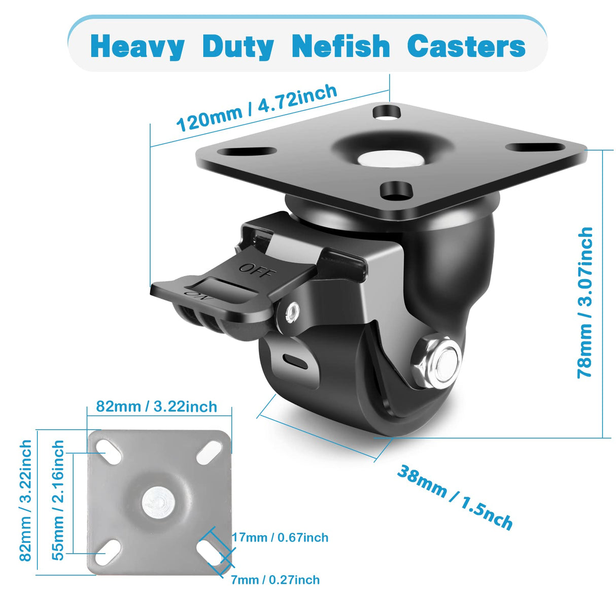 Nefish 2 Inch Caster Wheels with Brake, Extra Width Plate Swivel Caster Set of 4 Heavy Duty Load Capacity 2200 LBS, Sturdy Nylon Furniture Caster Wheels for Cart, Furniture, Toolbox Workbench Nefish
