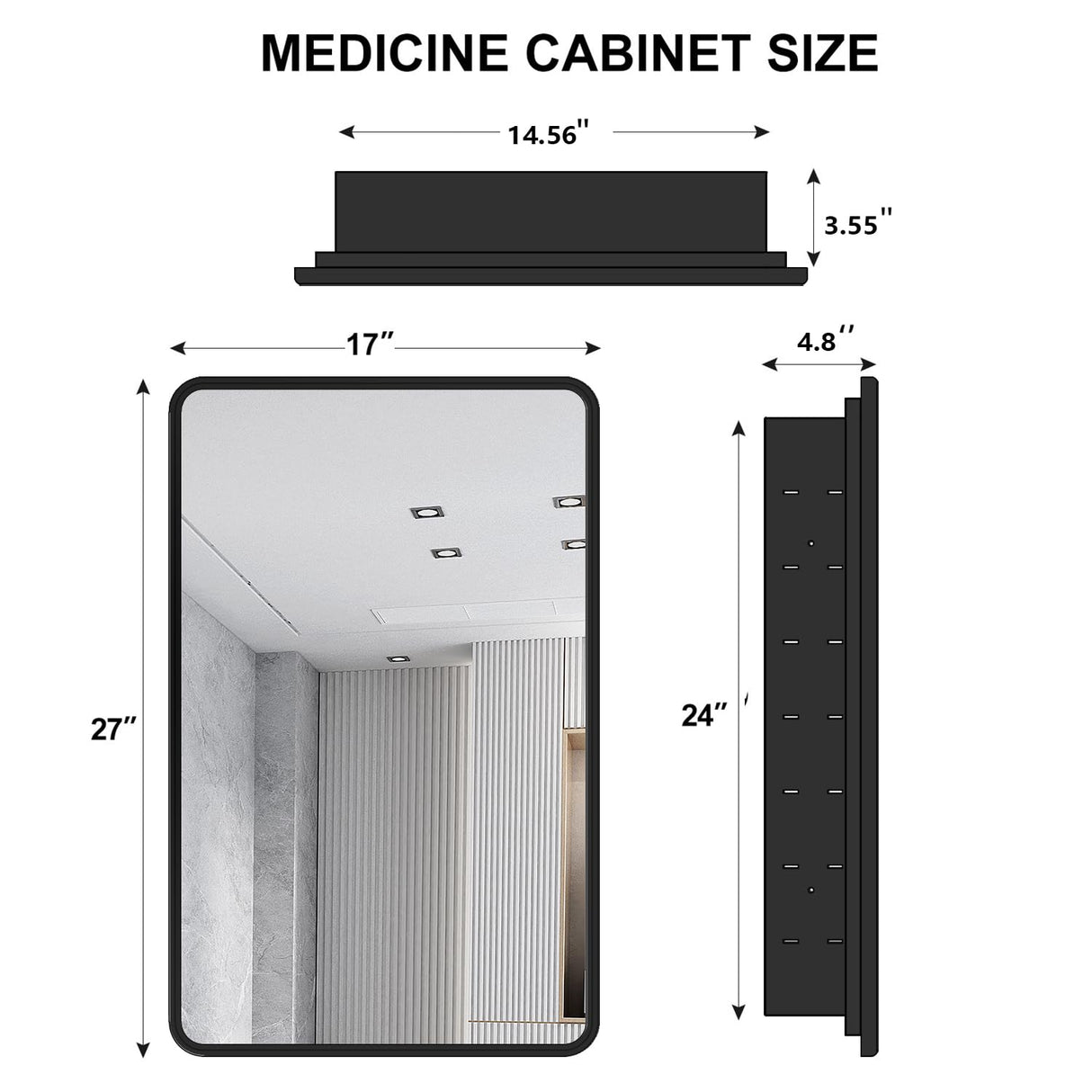 YOOSHINE Black Bathroom Medicine Cabinet with Mirror 17 x 27 Metal Frame Recessed Or Wall Mounted Single Door Storage Medicine Cabinets with Adjustable Shelves Rounded Corner Beveled Mirrors YOOSHINE