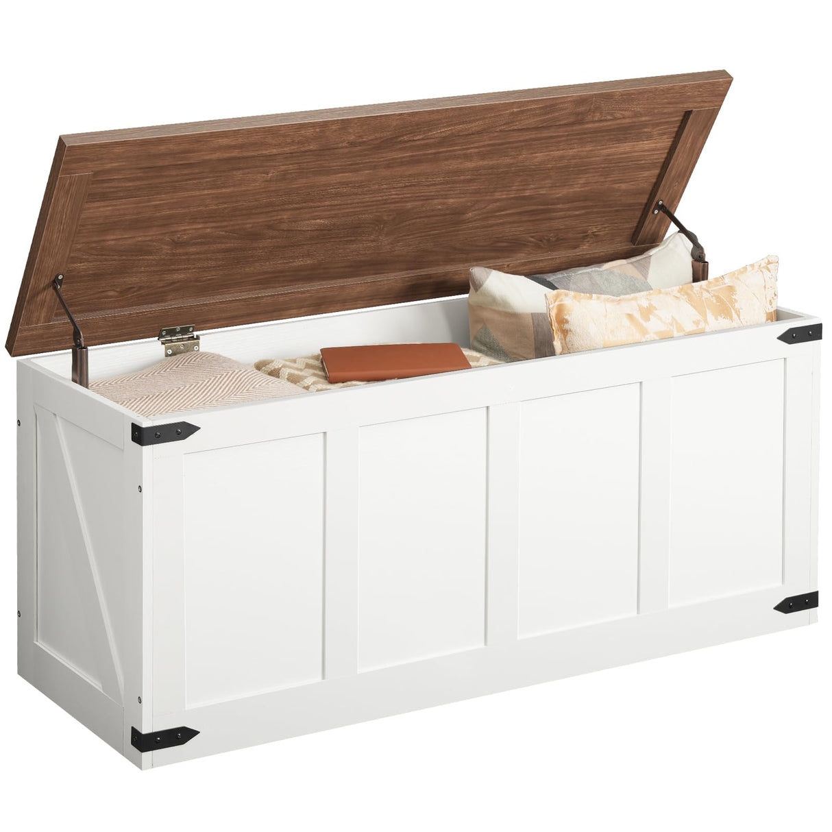 HOOBRO Storage Bench, 47.2”Toy Box Organizer with Safety Hinges, Farmhouse Wooden Storage Chest, for Hallway, Bedroom, Living Room, White and Walnut WH520CW01 HOOBRO