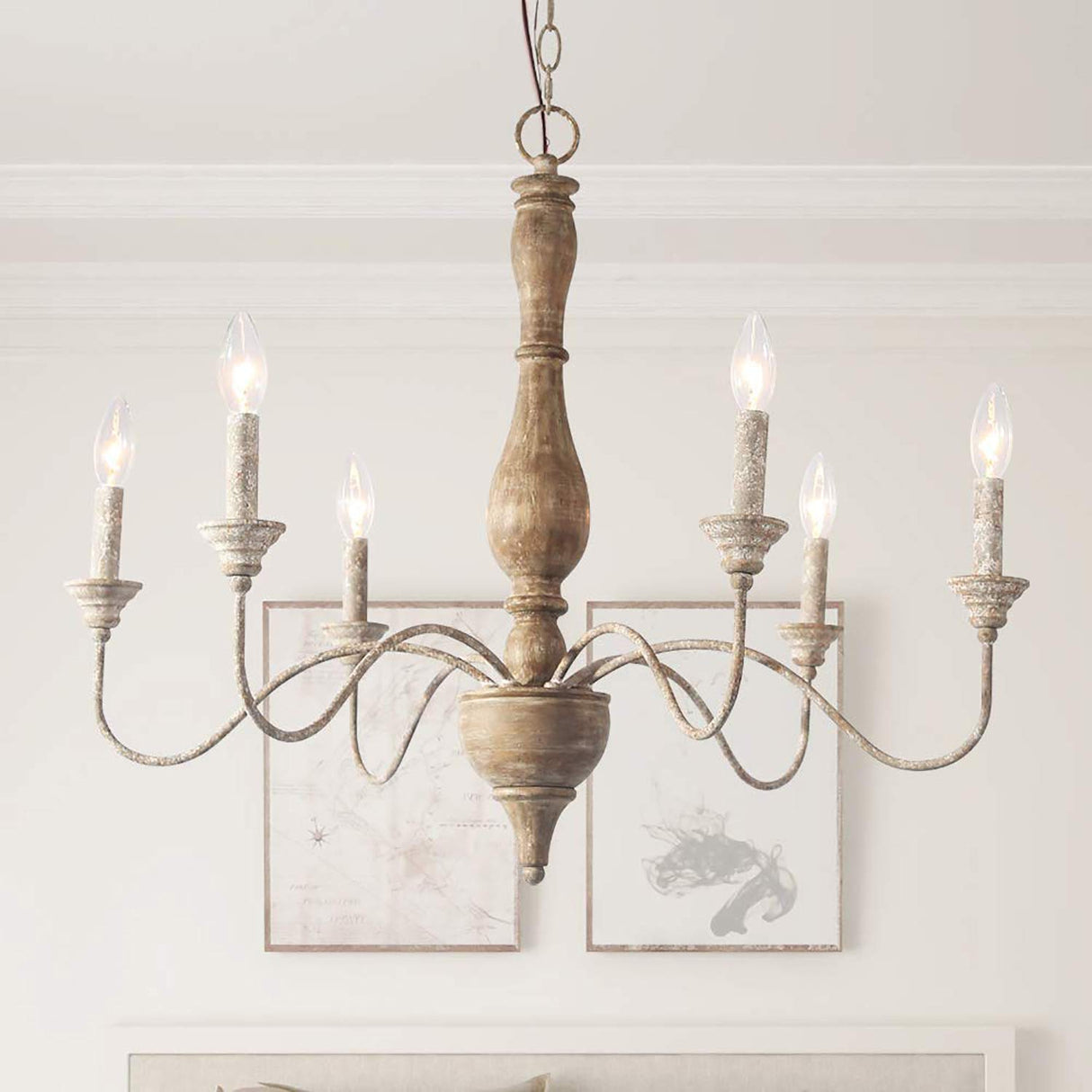 LNC French Country Chandeliers Wood 6 Lights Rust Arms for Dining, Bedroom, Living Room and Bathroom, Brown Lamp Body Size:D29.5 xH24.5 LNC