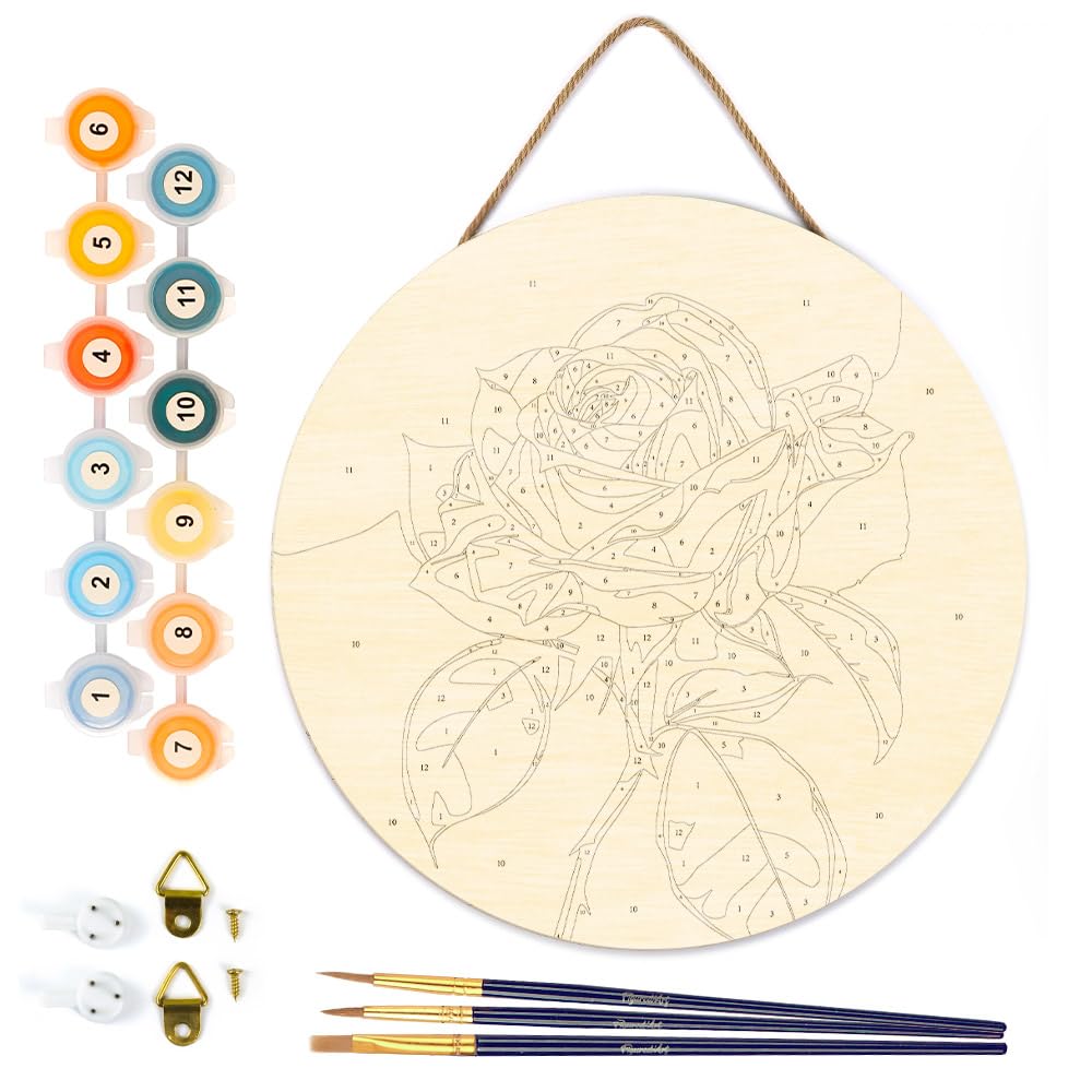 Figured'Art Paint by Numbers Kit for Adults on Wood Slice, 11.8in Diameter - Red Rose - Craft Art Painting DIY Canvas Figured'Art