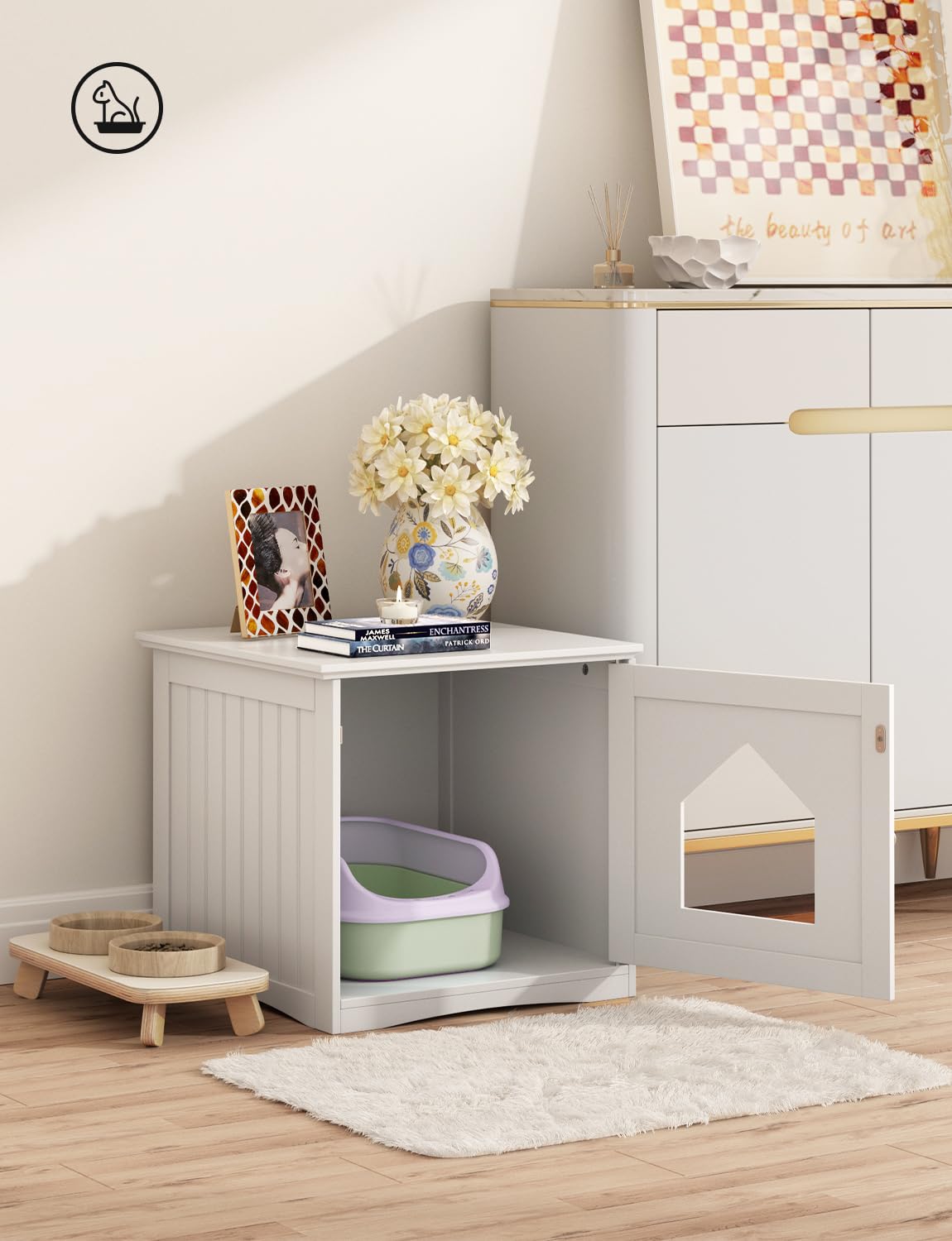 HAPPAWS Cat Litter Box Enclosure Furniture, Modern Cat Box Furniture Hidden, Sturdy Wooden Night Stand & Cat House Side Table, Easy Assembly, Fit Most of Litter Box, White HAPPAWS