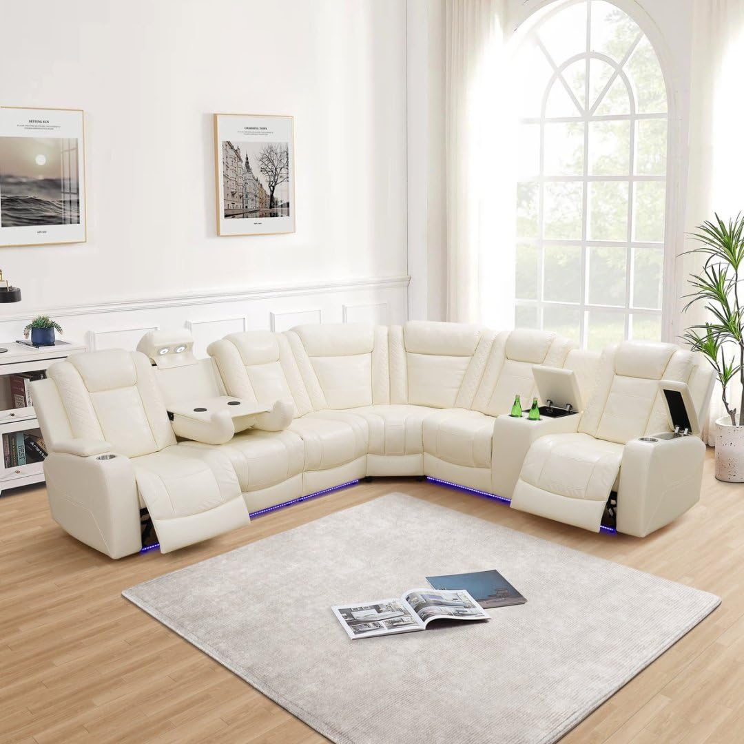 Leather Reclining Sofa with LED,Power Recliner Sectional Couch for Living Room,Reclining Couches with Read Light/Charging/Hide-Away Storage (Cream-White, Sectional) Pon Living Furniture Inc