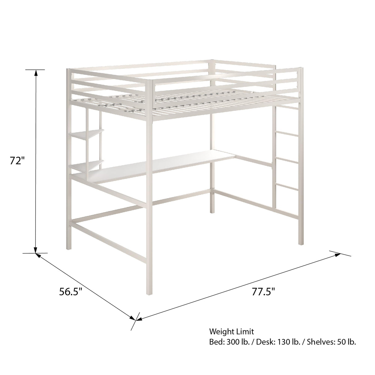 Novogratz Maxwell Metal Full Loft Bed with Desk & Shelves, Off White Novogratz