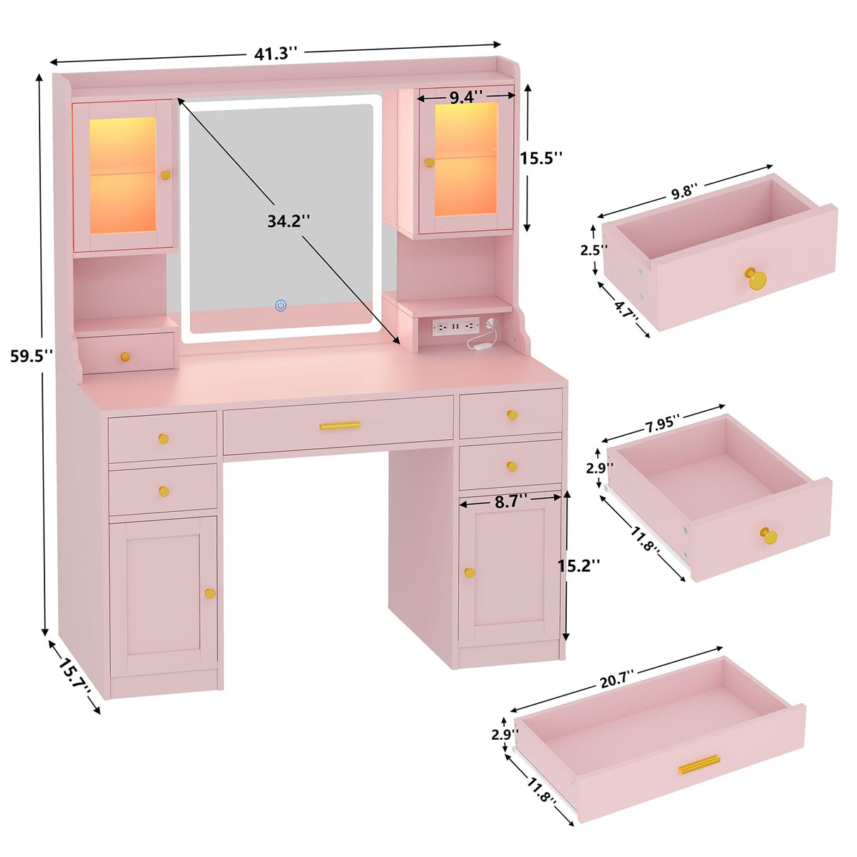 Vanity Desk with Mirror and Lights, Makeup Vanity Table with Power Outlet, Dressing Vanity Table Set with 6 Drawers & 4 Cabinets, 3 Color Modes & Brightness Adjusted, for Bedroom Room, Pink Aiguazi