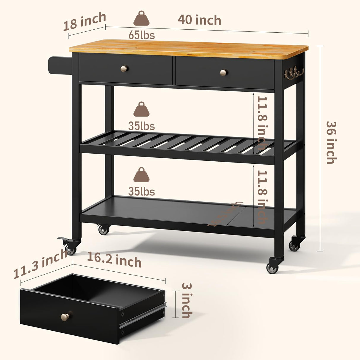 Gizoon Kitchen Island Cart with Storage, 40’’ Wooden Top, 2 Tiers Spacious Shelves and Towel Bar, 2 Drawer Mobile Trolley Cart On Metal Wheels with Hooks for Dining Room, Bar, Outdoor, Black Gizoon