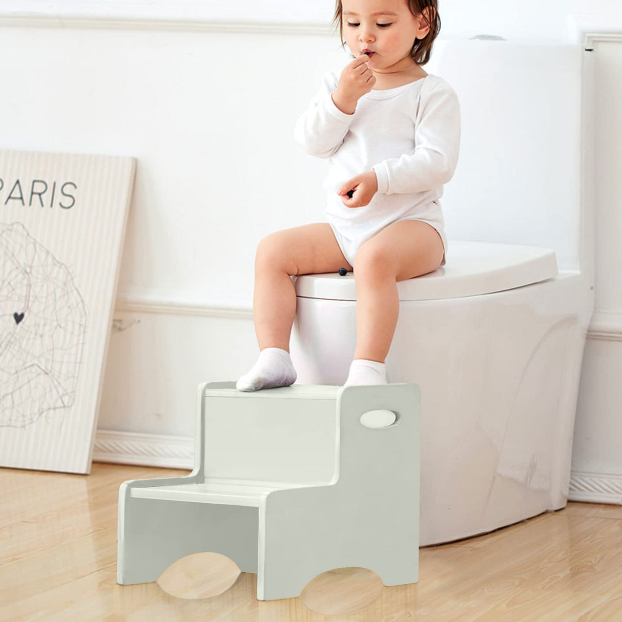 WOOD CITY Wooden Toddler Step Stool for Kids, Grey Two Step Children's Stool with Handles, Bonus Non-Slip Pads for Safety, Bathroom Potty Stool & Kitchen Step Stools Dual Height… WOOD CITY