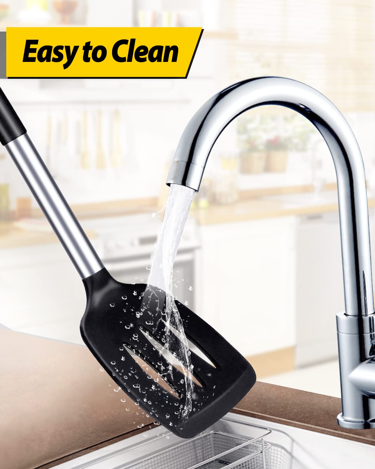 Pack of 2 Silicone Solid Turner, Non Stick Slotted Kitchen Spatulas, High Heat Resistant BPA Free Cooking Utensils, Ideal Cookware for Fish, Eggs, Pancakes(Black) BUNDLEPRO