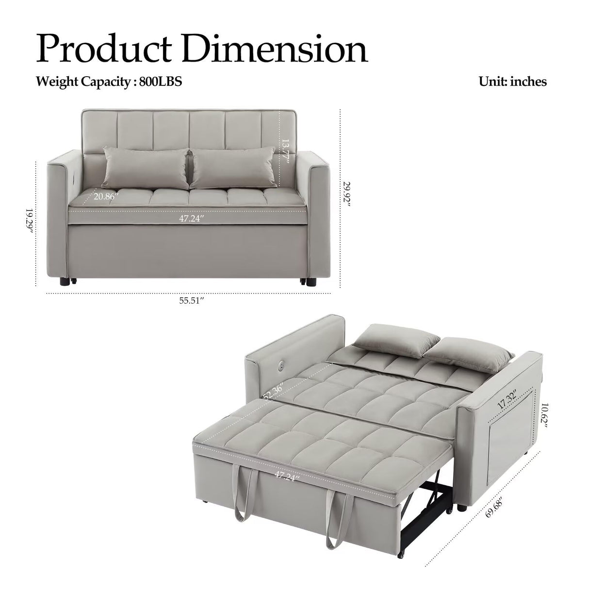 POYISOU Modern 3 in 1 Convertible Sleeper Sofa Couch Bed with USB, Adjustable Backrest Velvet Pull Out Sofa Bed, Loveseat Sleeper Couch, Couches for Living Room, Bedroom, Apartment, Light Grey POYISOU