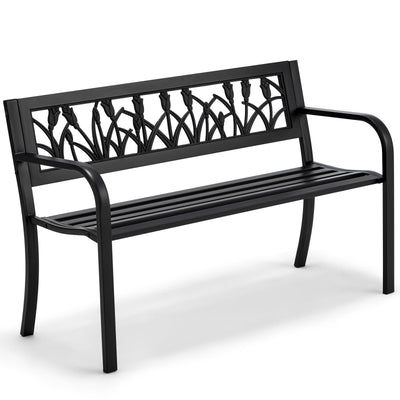 AVAWING Outdoor Bench, 2-Person Garden Benches for Outside, Metal Frame Patio Seating with Floral Pattern Backrest, Armrests for Lawn, Park, Porch, Entryway, Black