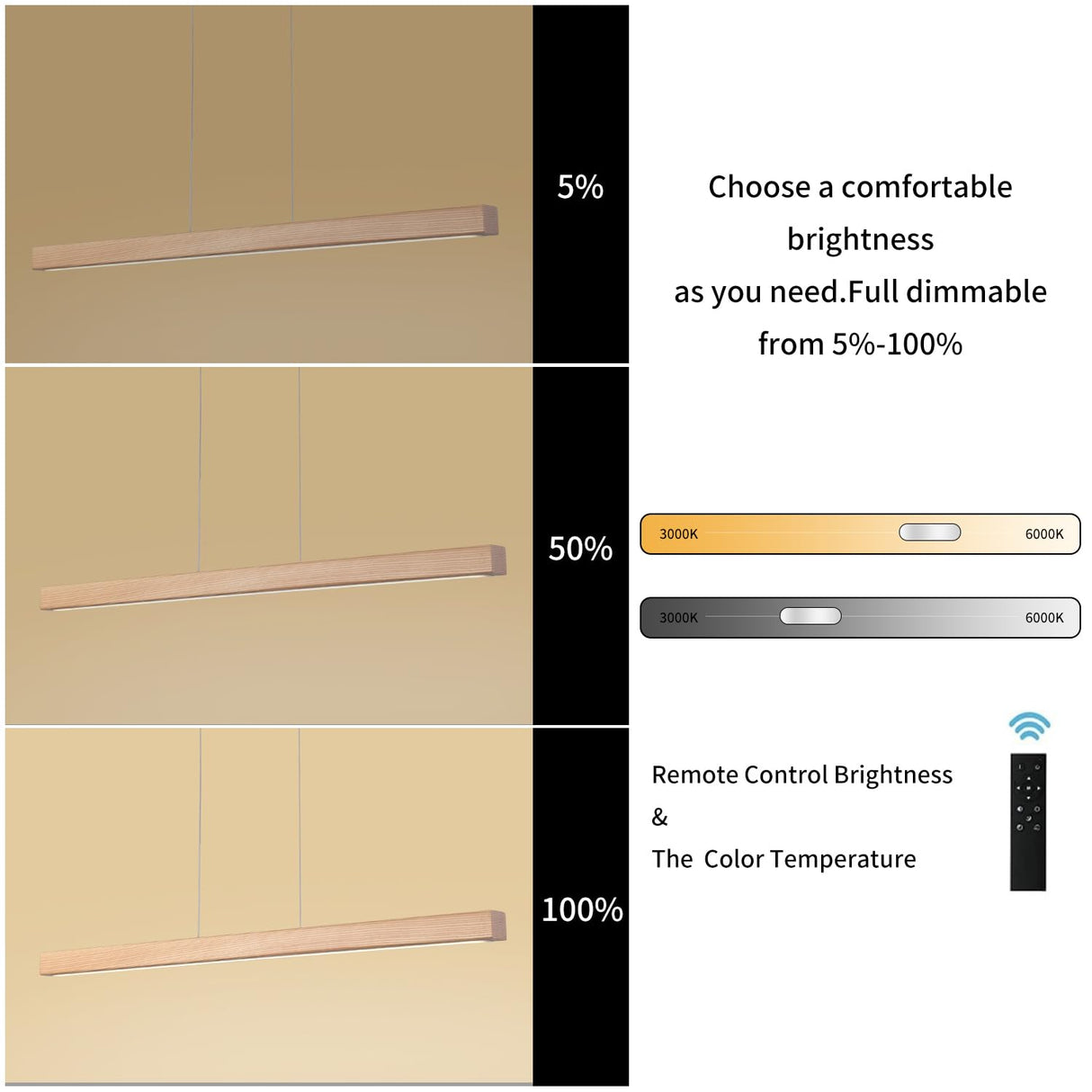 YISDESIGN 47" 36W 1-Light Wooden Led Linear Pendant Light Dimmable Led Chandelier Ceiling Hanging Light Fixtures Modern Chandeliers for Dining Room Kitchen Island Pool Table Lights Natural YISDESIGN