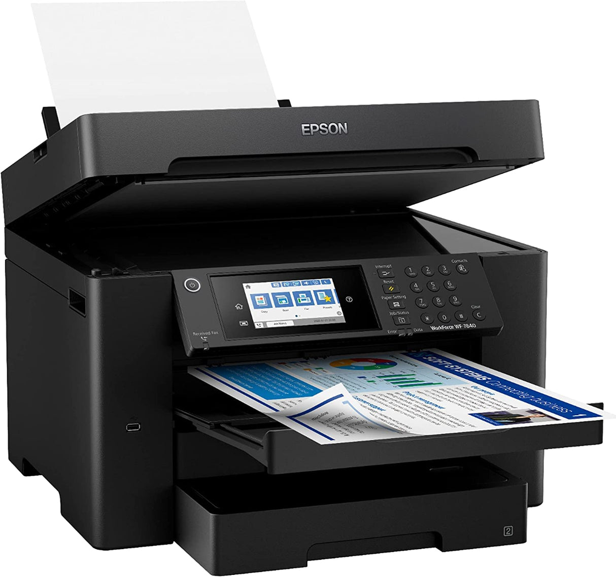 Epson Workforce Pro WF-7840 Wireless Wide-Format All-in-One Color Inkjet Printer - Print Scan Copy Fax - 4.3" LCD, 25 ppm, 4800 x 2400 dpi, 13" x 19", 50-Sheet ADF, Auto 2-Sided Printing, Ethernet Epson