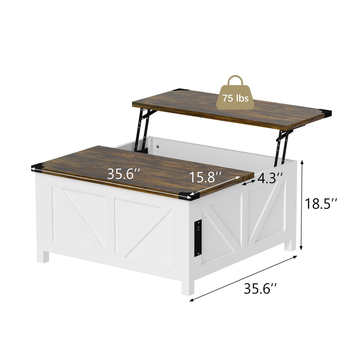 Furnivado 35'' Farmhouse Lift Top Coffee Table, Coffee Table with Storage and Large Hidden Storage, Square Coffee Table with Charging Station&USB Ports, White Coffee Table for Living Room, Home Office Furnivado