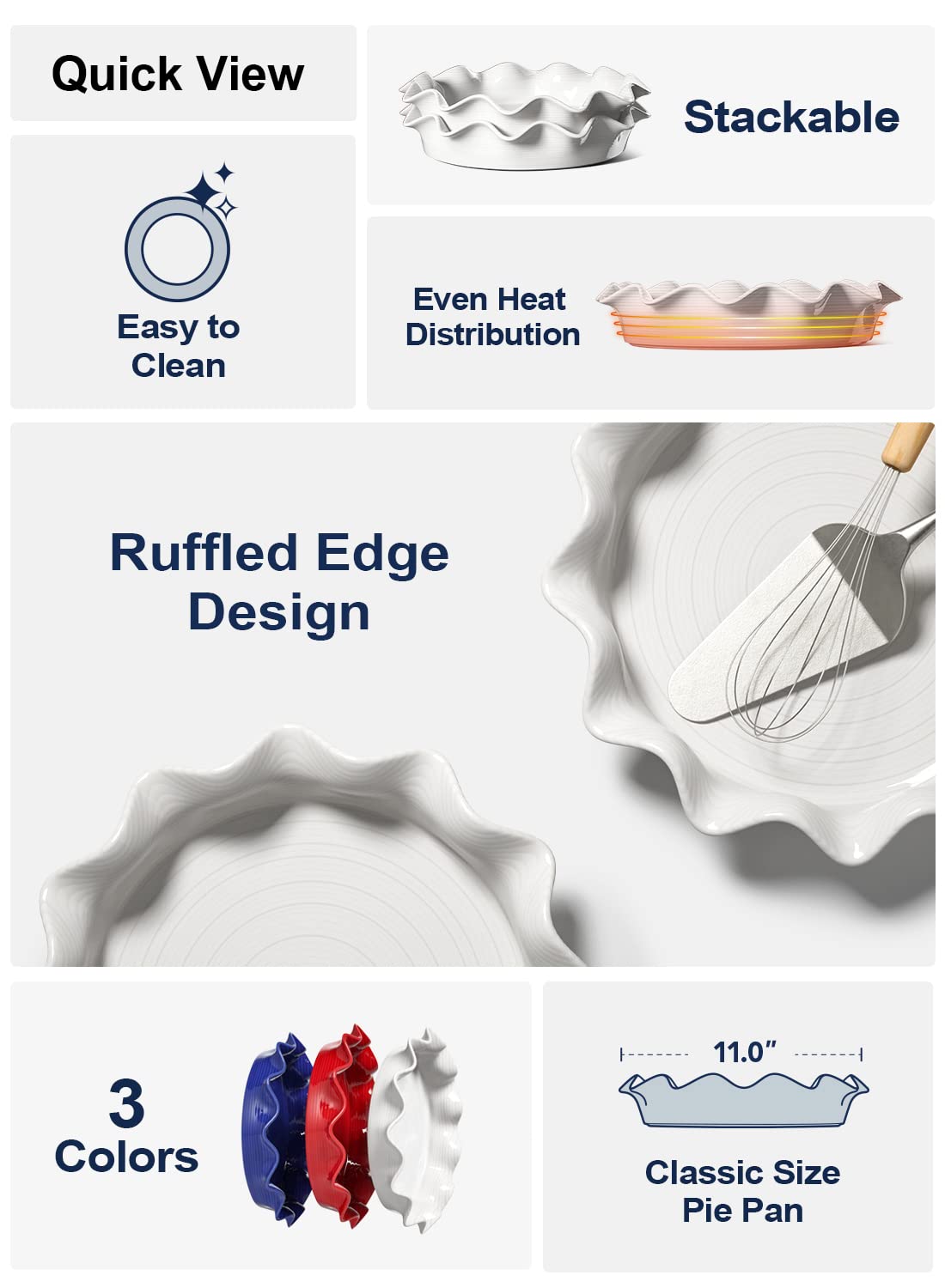 LE TAUCI Ceramic Pie Pans for Baking, 11 Inches Deep Dish Pie Plate for Apple Pie, Pot Pie, 48 Ounce Baking Dish with Ruffled Edge, Set of 2, White LE TAUCI