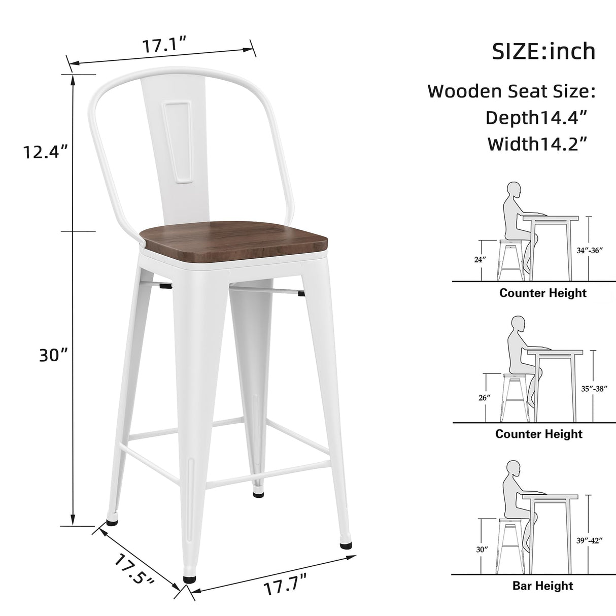 Yongqiang 30 inch Bar Stools Set of 4 Farmhouse Bar Height Stools High Back Kitchen Bar Chairs Cream White Metal Barstools with Large Wooden Seat Yongqiang