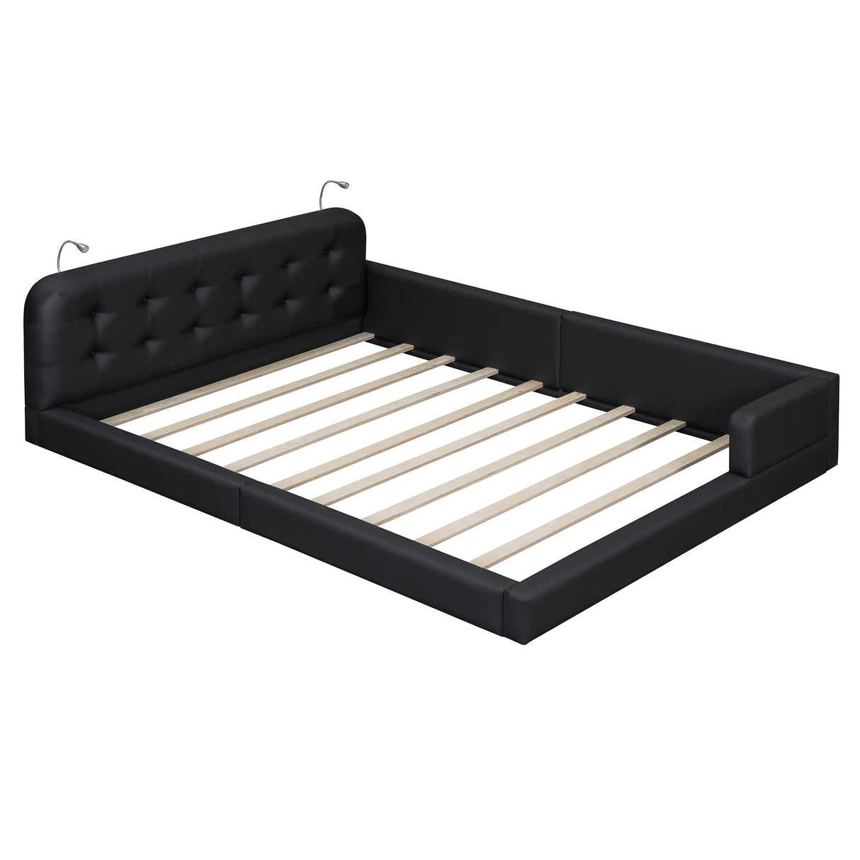 Merax Modern Tufted Plattform Bed with Headboard, Queen PU Leather Floor Day Bed Frame, No Box Spring Needed Black Merax
