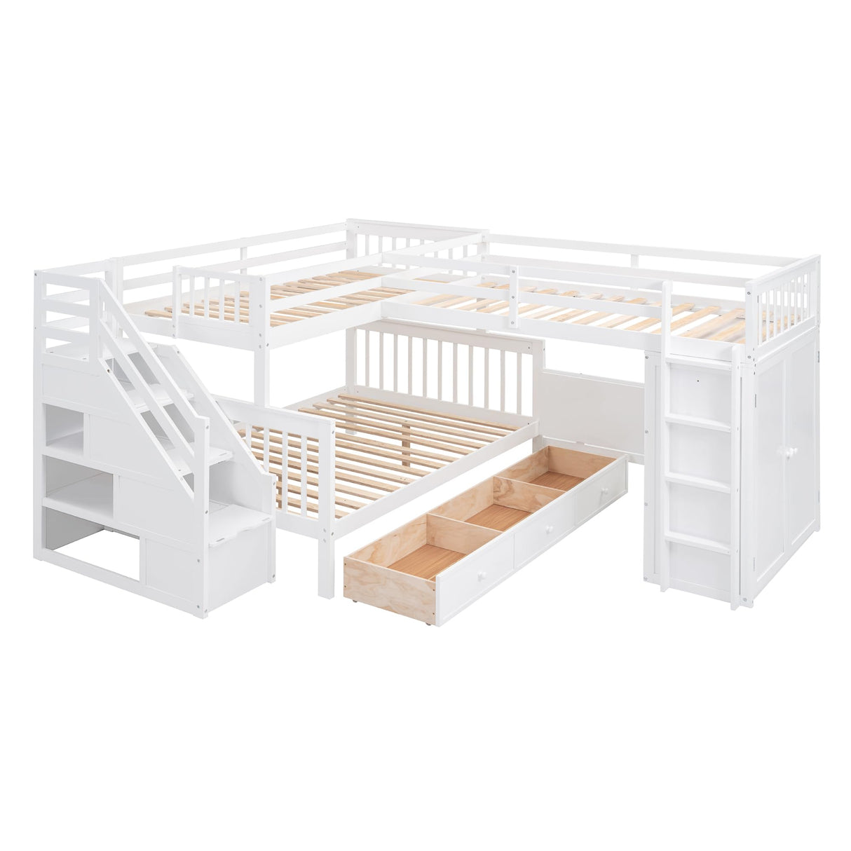 L Shaped Triple Bunk Bed with Storage Staircase, Wardrobe, Desk & Drawers, Wooden Bunk Bed for 3 Kids, Twin Over Full Bunk Beds, L-Shaped Loft Bed for Kids, Teens, Adults (White) Bellemave