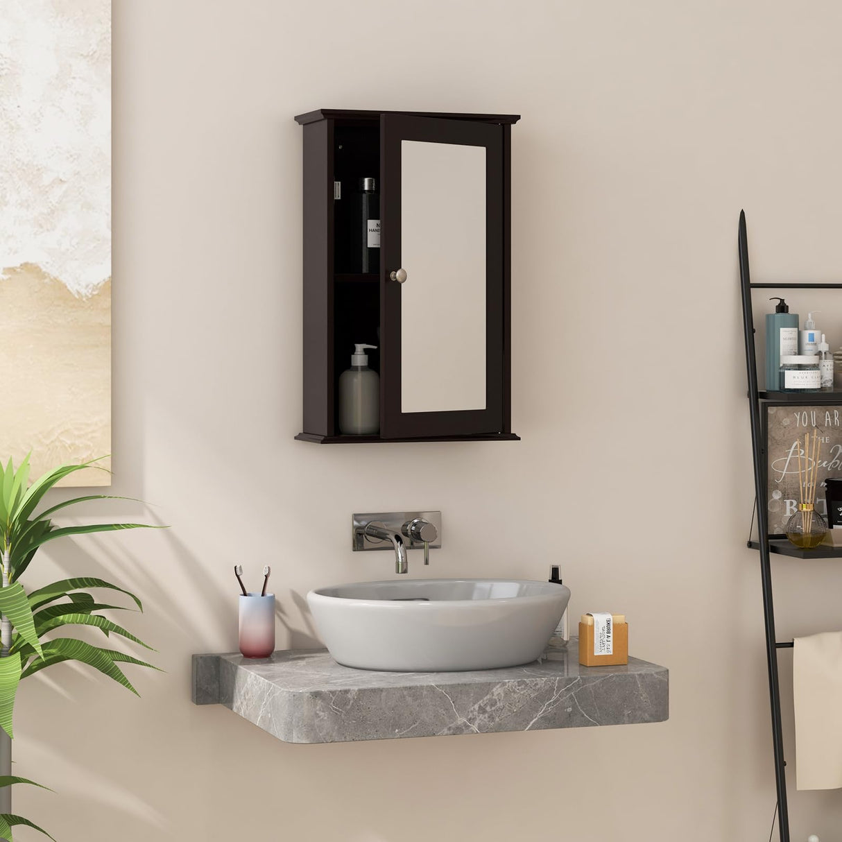 LOKO Bathroom Medicine Cabinet with Mirror, Wall Mounted Storage Cabinet with Single Mirrored Door and Adjustable Shelf for Bathroom, Living Room or Entryway, 13.5 x 6 x 21 inches (Brown) LOKO