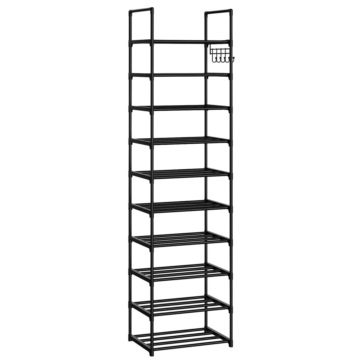 WEXCISE Narrow Shoe Rack 10 Tiers Tall Shoe Rack for Entryway 20 24 Pairs Shoe & Boots Organizer Storage Shelf Durable Black Metal Stackable Shoe Cabinet with Hooks, 17.1D x 11.8W x 78.7H in WEXCISE