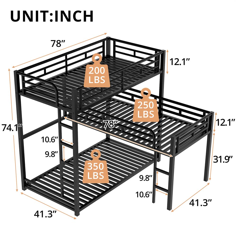 TURRIDU Heavy-Duty Triple Bunk Bed, Metal L-Shaped Bunk Bed for 3 Kids Adults with Built-in Ladder and Full-Length Guardrails, No Box Spring Needed & Space Saving Metal Triple Bunk Bed TURRIDU