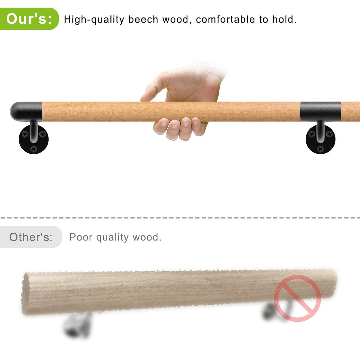 Dolibest 100 inch Wood Handrail Indoor Stairs Handrail Wall Mount Handrail w/Sturdy Metal Barckets, Non-Slip and Comfty Handrail Barrier-Free Staircase Grab Bar for Elderly, 1-1/2'' Round Dolibest