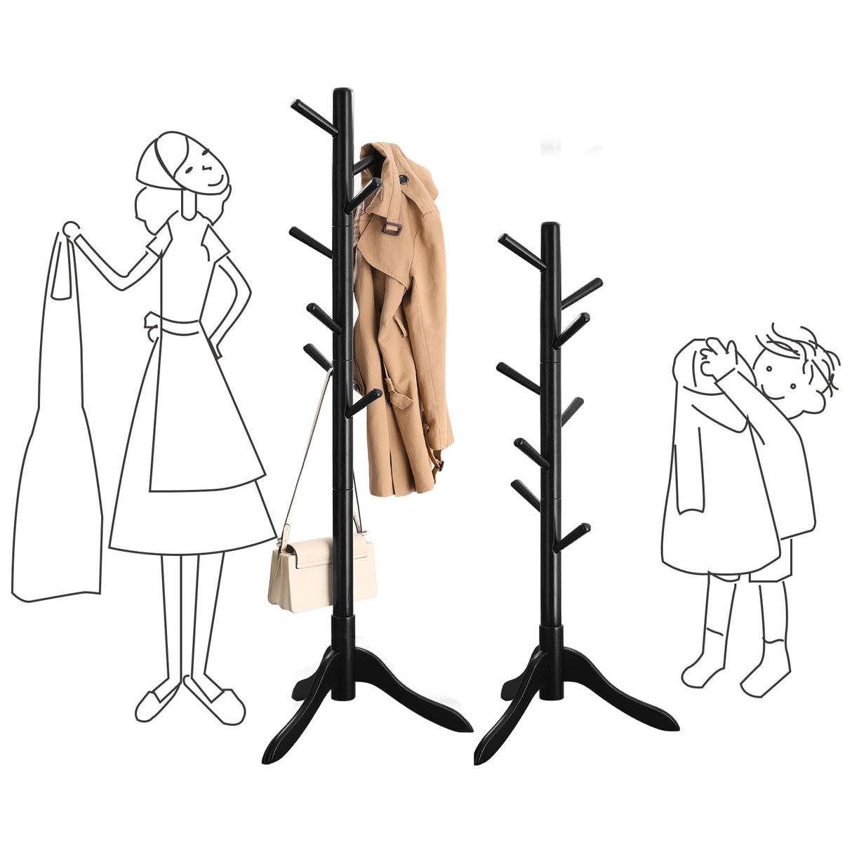 VASAGLE Solid Wood Coat Rack, Free Standing Coat Rack, Tree-Shaped Coat Rack with 8 Hooks, 3 Height Options, for Clothes, Hats, Bags, for Living Room, Bedroom, Home Office, Black URCR001B01 VASAGLE