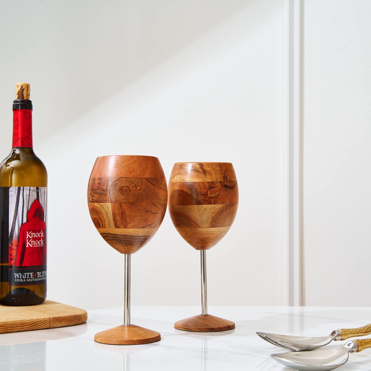 Designer Dark Acacia Wooden WUD Wine Glasses - Set of 2 - Wooden Wine Goblets Rustic Unique Cocktail, Champagne, Martini Natural Wood Glassware, Farmhouse Cup - Toasting Gifts For Him 12 oz GUTE