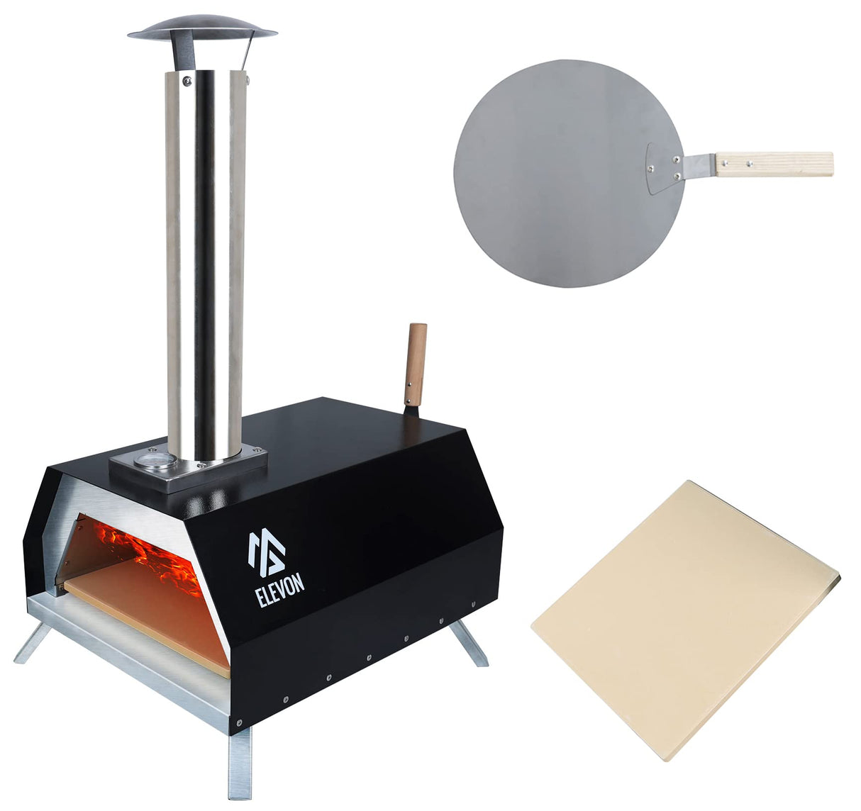 Elevon Pizza Oven Wood Fired Pizza Maker, Portable Stainless Steel, Pizza Grill, Outdoors with Pizza Peel and Pizza Stone Elevon