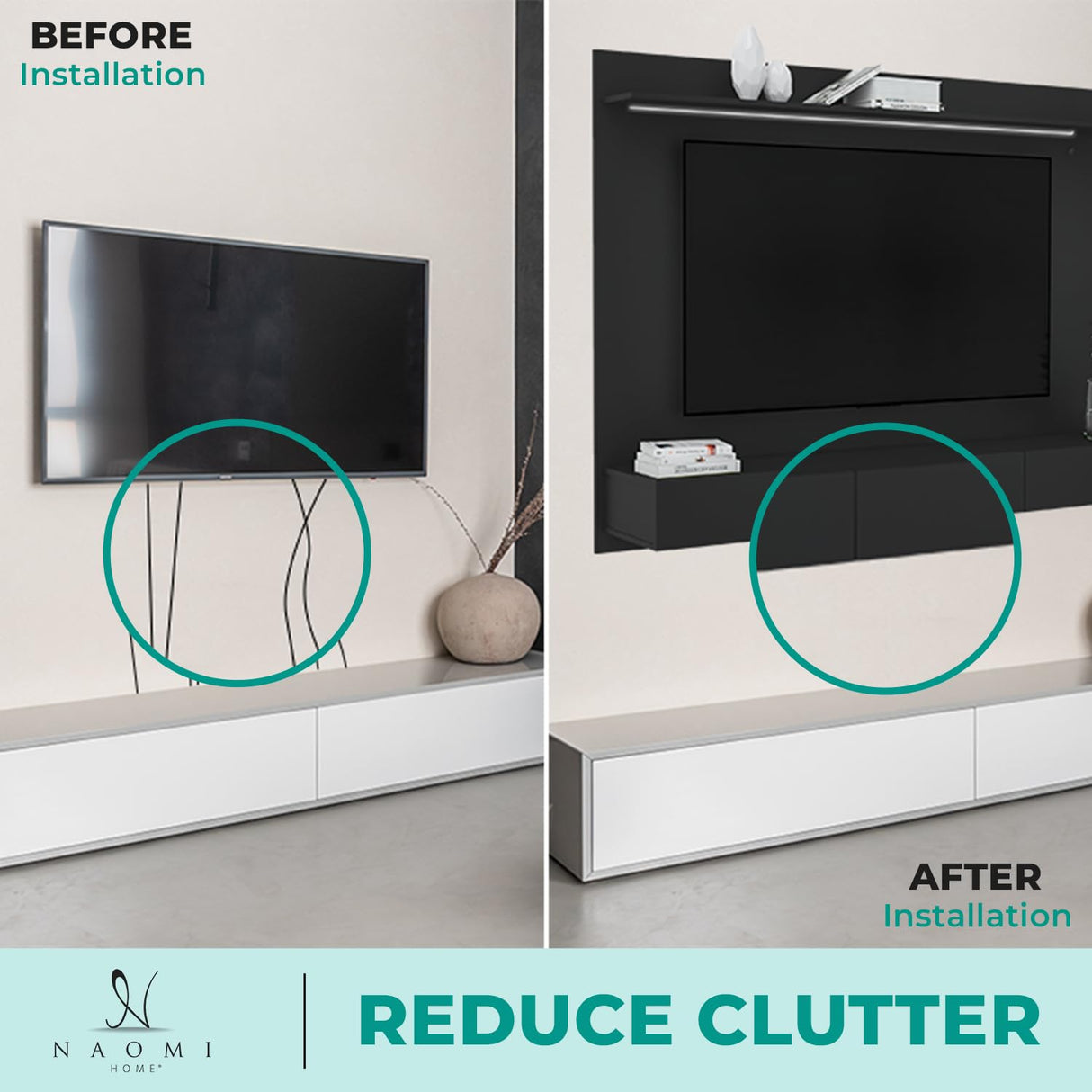 Naomi Home Bliss Modern Freestanding Wall Mounted Entertainment Center Floating TV Wall Panel for 70 inch TVs, Home Theater with LED Strip, Pull-Out Drawers and Overhead Shelf – Black, Solid Pine Wood Naomi Home