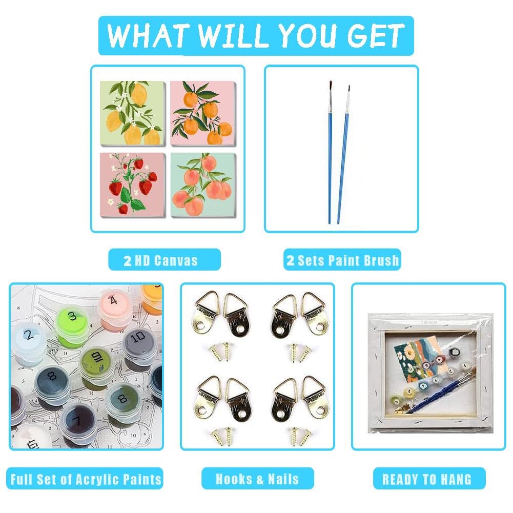 Amzdiyfun 4 Pack Fruits Paint by Numbers Kit, Easy Acrylic Art Number Painting for Beginners, DIY Adults Paint by Numbers Kit on Canvas for Home Wall Decor, 7.8x7.8Inch Amzdiyfun