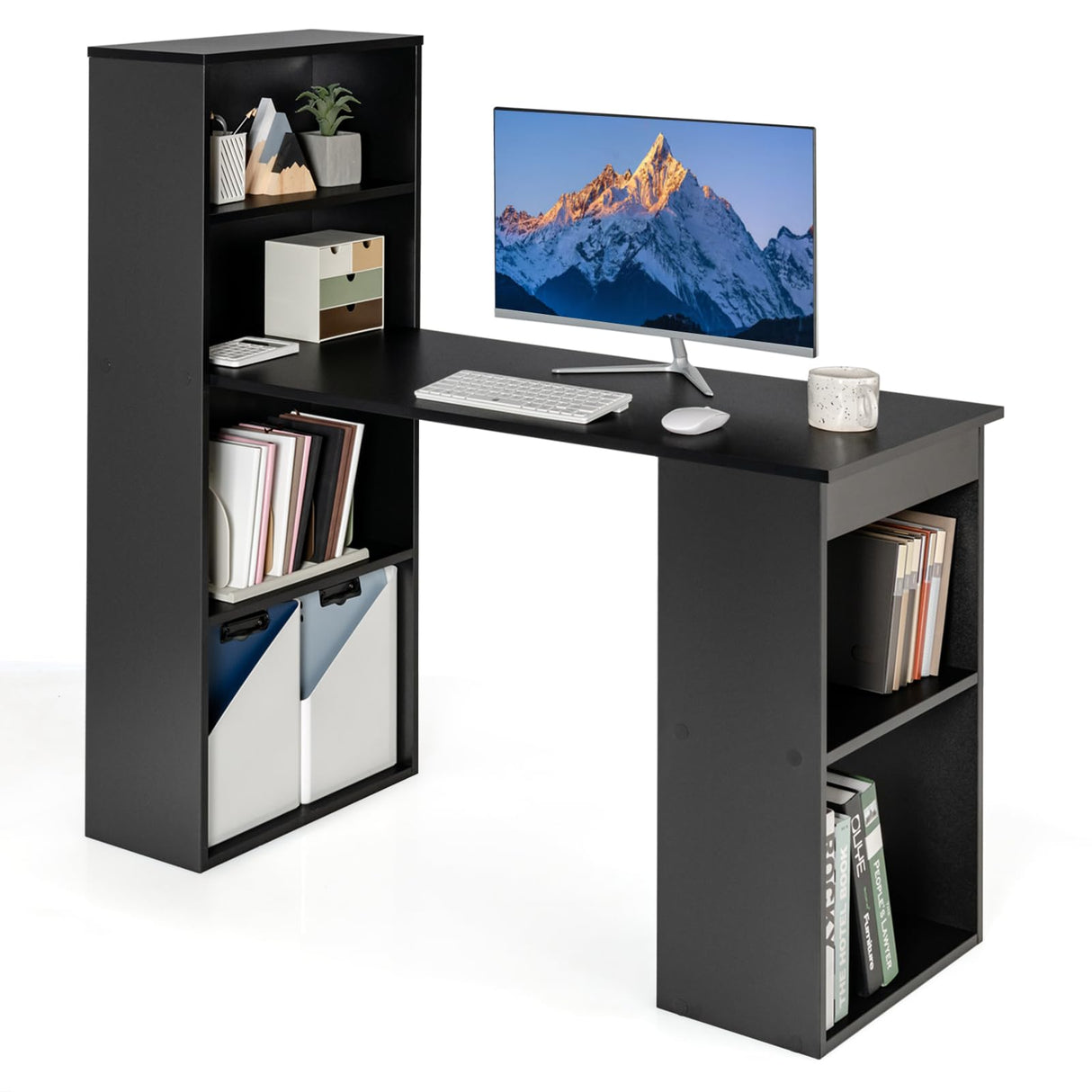 Giantex 48 Inch Computer Desk with Bookshelf, 3-in-1 Home Office Desk with 4-Tier Bookcase & CPU Stand, Space-Saving Reversible Writing Desk Work Table for Bedroom, Study Room, Office (Black) Giantex