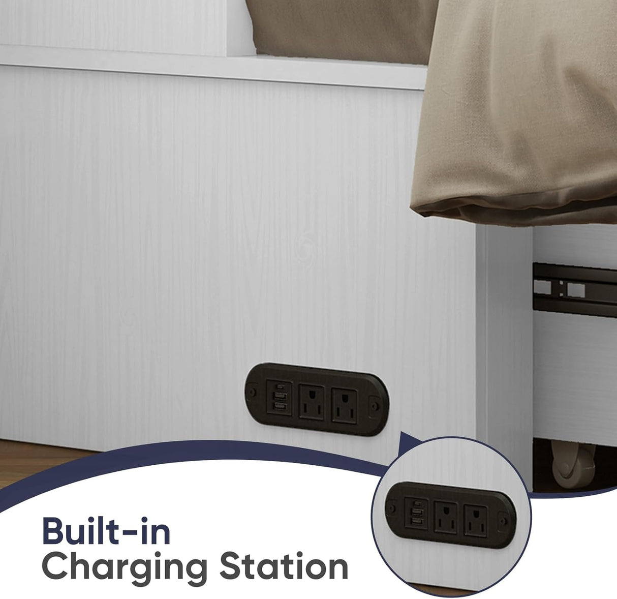 ijuicy Queen Size Murphy Bed with Foldable Foam Mattress, Cube Cabinet Bed with Multifunctional Charging Station & Extra Large Storage Drawers, Space-Saving Hideaway Bed for Guests-White ijuicy